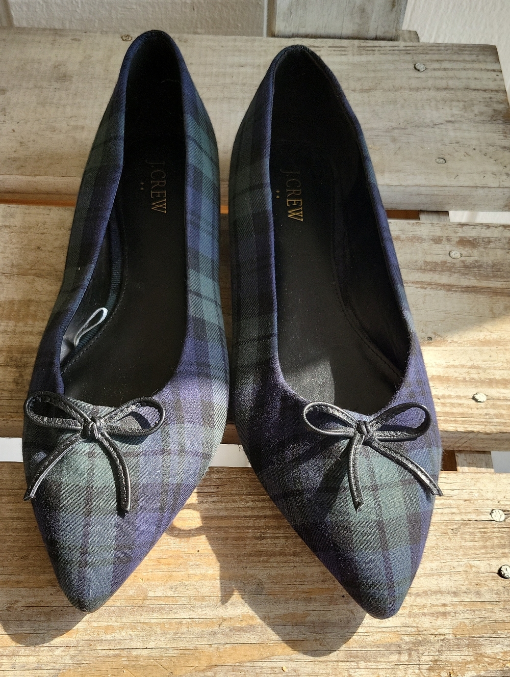 J. Crew Navy and Green Plaid Pointed Toe Ballet Flats with Bow